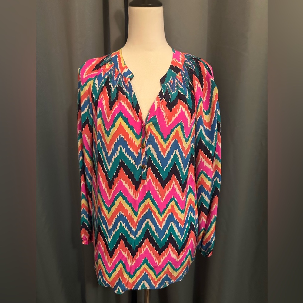 Lilly Pulitzer Women's Elsa Chevron Striped Silk Blouse Size L Multicolor